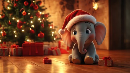 Cute CGI elephant in a Santa hat surrounded by Christmas decorations and gifts