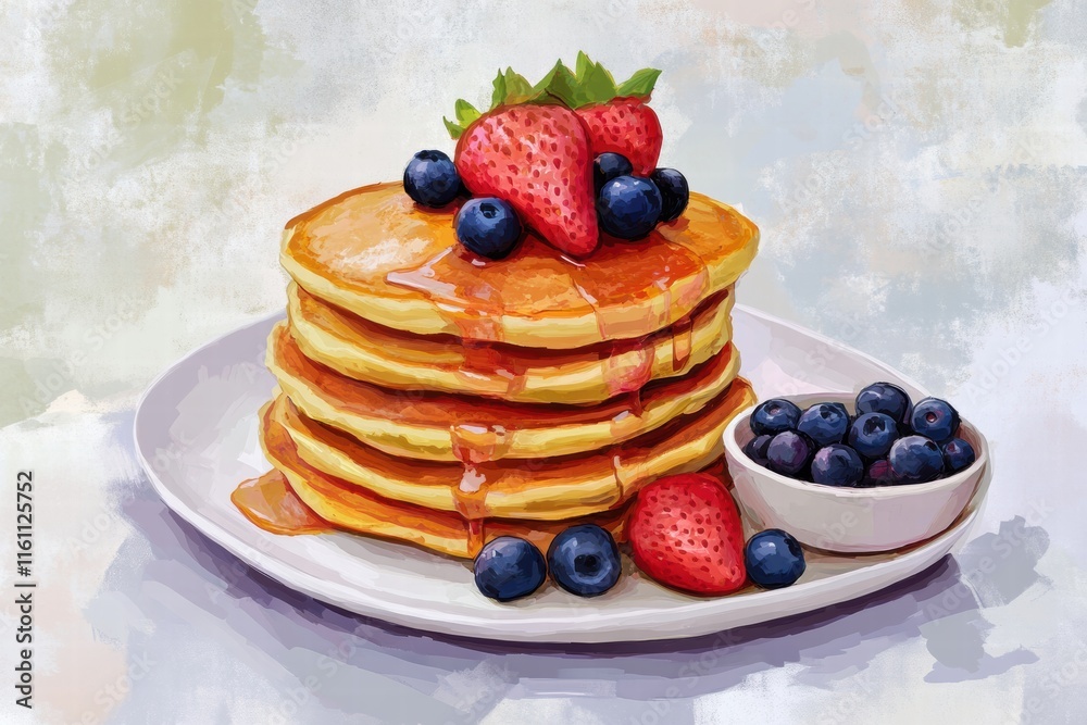 Poster delicious stack of golden pancakes topped with fresh strawberries and blueberries on a white plate w