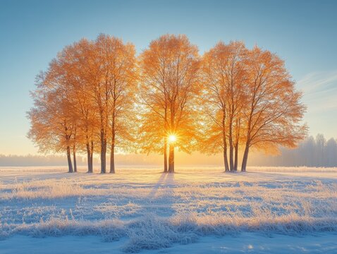 A serene winter landscape with golden trees and a rising sun illuminating a frosty field.