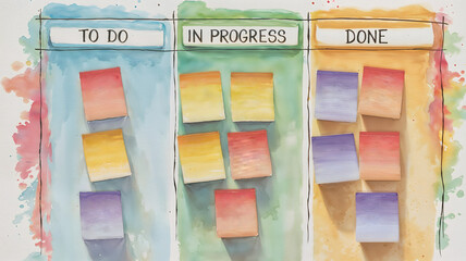 An illustrative digital template of a Scrum sprint board featuring 'To Do', 'In Progress', and 'Done' sections with colorful sticky notes, used for efficient Agile project tracking.