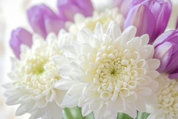 Close-up of delicate white chrysanthemums and purple tulips. A beautiful floral arrangement perfect for spring or any celebration.