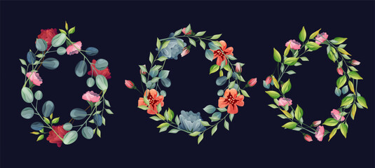 Set of isolated floral frame. Vector flower decoration or nature decor. Round or circle background for picture. Symbol for greenery. Wreath border for wedding invitation event. Bouquet and foliage