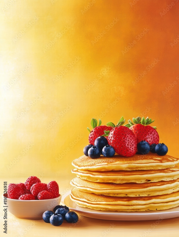 Poster stack of golden pancakes with fresh strawberries and blueberries ready for a delicious breakfast. ge