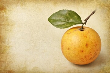 A single orange fruit with a green leaf against a textured background.