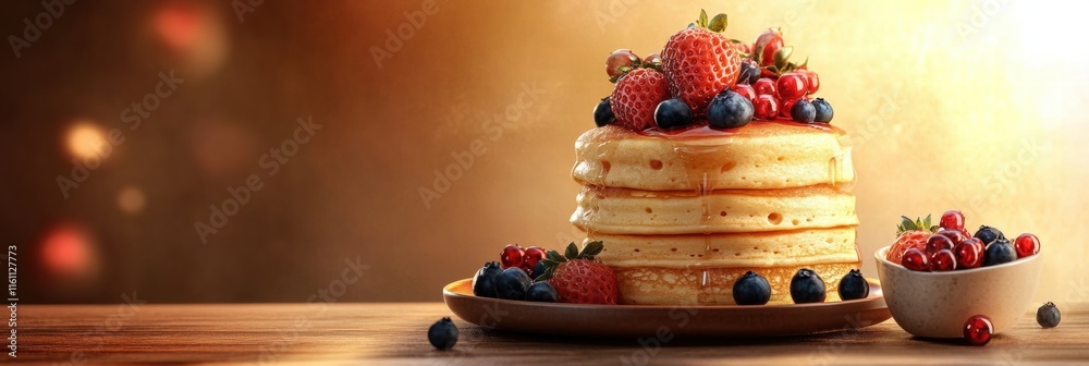 Poster delicious golden pancakes stacked high with fresh strawberries and blueberries on a rustic wooden ta