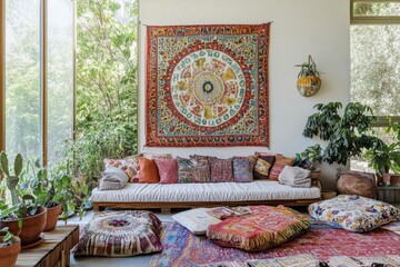 Cozy living space with colorful textiles and plants, creating a warm, inviting atmosphere.