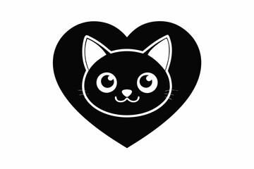 Heart with Cute Cat Head Icon - Black Silhouette ,cat domestic animal, cat face silhouette icon white background.