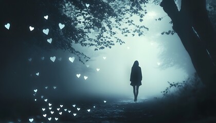 A mysterious figure walks through a foggy forest, surrounded by ethereal hearts. The image evokes feelings of solitude, romance, and introspection in a serene, enchanted setting.