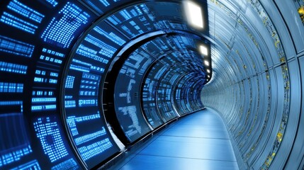 Obraz premium Futuristic data tunnel with glowing blue screens displaying codes and information.