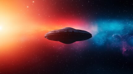Obraz premium UFO in Cosmic Space with Colorful Nebula and Starry Background