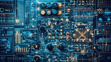 Futuristic digital interface with glowing blue and orange elements.