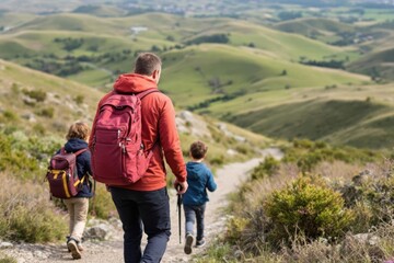 Obraz premium Family hiking on path in hills