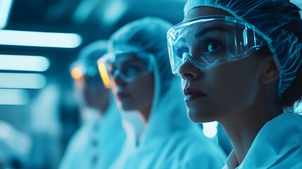 Focused scientists wearing protective gear in a high-tech laboratory, showcasing teamwork and dedication to research in a clean, modern environment filled with advanced technology.