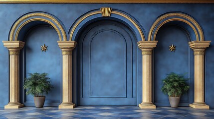 Fototapeta premium Elegant Blue Wall With Golden Archways And Columns