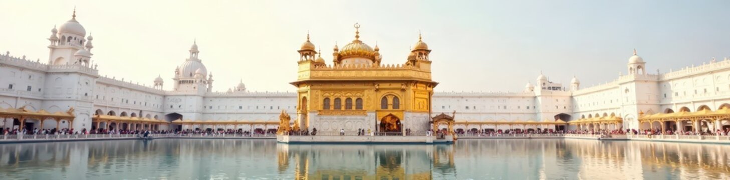 Elegant gold & white structure, Harmandir Sahib backdrop, sikh, landmark