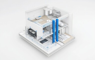 A high-quality 3D render of a house construction plan, featuring architectural blueprints and a white background, highlighted by blue details 
