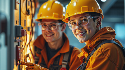 Two electricians in hard hats and safety glasses smile while working on electrical equipment. Ideal for promoting vocational training, safety courses, and career development in electrical work