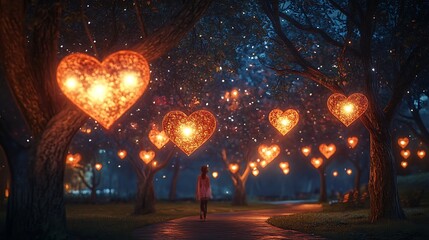 A romantic walk under the stars, with glowing heart-shaped lanterns hanging from trees in a park.