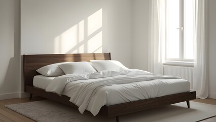 Serene Minimalist Bedroom, Soft White Bedding on Dark Espresso Wood Bedframe, Natural Light