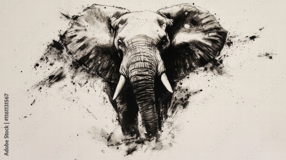 Fototapete Illustration of an isolated elephant with dramatic splashes of color offering a unique space for text placement and artistic expression. Generative AI