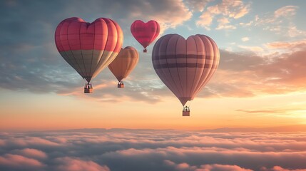 Obraz premium A scenic view of heart-shaped hot air balloons floating in the sky, with soft clouds and a sunrise in the background.