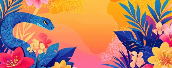 Fototapeta premium Chinese New Year theme (Snake Year) background. Vibrant tropical scene featuring a snake amidst colorful flowers and foliage.