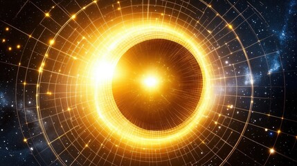 Obraz premium Glowing golden ring in dark space, cosmic energy.