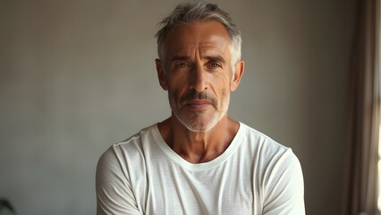 Obraz premium Mature Man Portrait, Relaxed Fit White T-Shirt, Defined Chest & Shoulders, Warm Natural Light