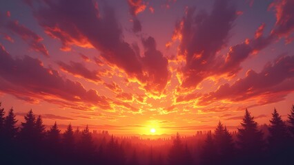 Fototapeta premium Fiery Sunset Landscape, Vibrant Orange and Purple Sky over Silhouetted Beige Trees