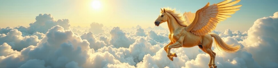 Fototapeta premium Golden Pegasus soars above fluffy white clouds, sun gleaming on its wings , vibrant, digital art, legendary