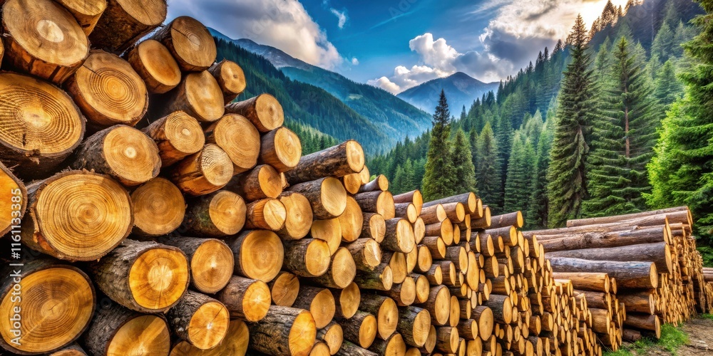 Aufkleber a stack of log rounds against a background of green mountains and a blue sky