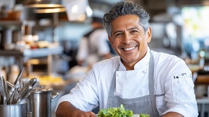 A smiling chef in a bright kitchen, wearing a white coat and apron, surrounded by cookware and fresh herbs, exuding confidence and warmth.
