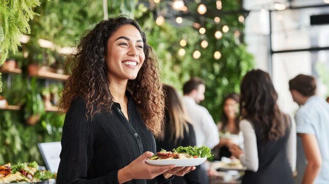 A cheerful woman in a black suit holding a plate of food at a social event, surrounded by people in a warm and elegant setting.