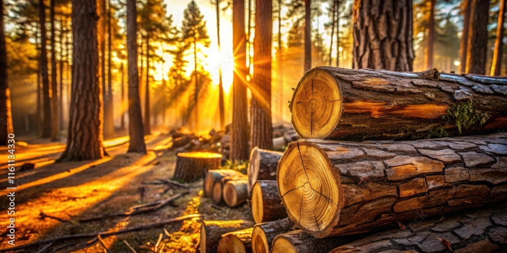 Poster golden sunlight illuminates the forest floor, casting long shadows through the trunks of ancient tre