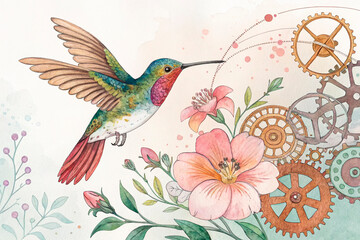Fototapeta premium Hummingbird aquarel, with steampunk floral art - generated by ai