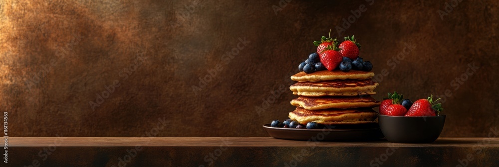 Poster Stack of golden pancakes with fresh strawberries and blueberries on a rustic table with room for text. Generative AI