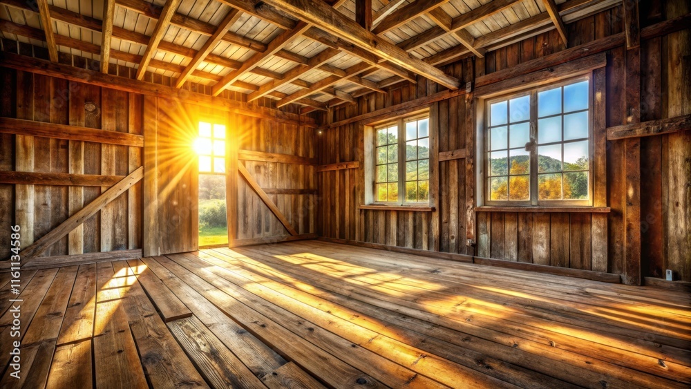 Poster sunlight streams through the windows of a rustic wooden cabin, illuminating the warm, weathered floo