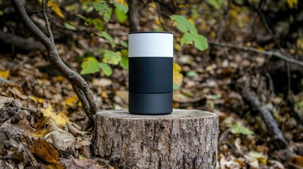 Obraz premium Black and white cylindrical container on a tree stump in an autumn forest.
