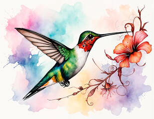 Hummingbird aquarel, with steampunk floral art - generated by ai