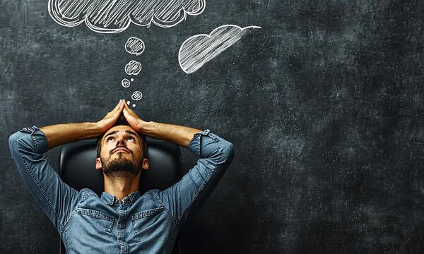 A man sits in thought, gazing upward with a cloud thought bubble above him, symbolizing contemplation.
