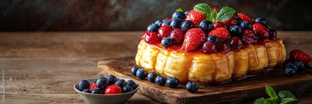 Poster stacks of golden pancakes topped with fresh strawberries and blueberries on a rustic wooden table wi