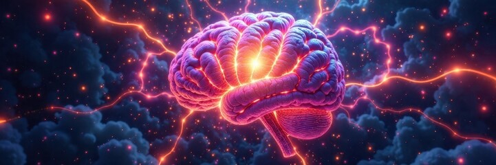 Radiant cerebral cortex with swirling vortex of light and distorted geometry, fractal patterns, explosive glow