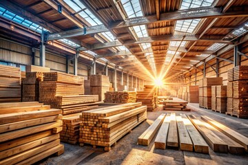 Deep focus reveals the rustic charm of a timber warehouse, its wooden beams and industrial design.