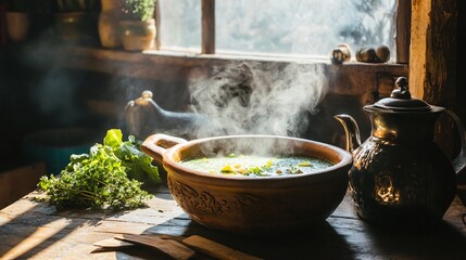 A cozy kitchen scene with lettuce soup steaming in a rustic clay pot, next to an old-fashioned kettle and herbs