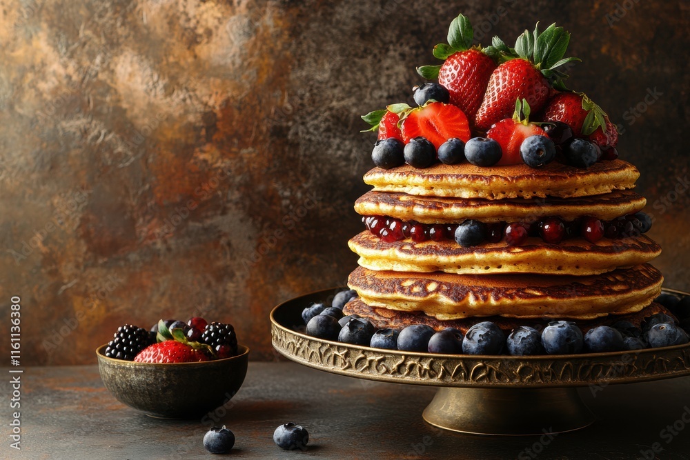 Poster delicious stack of golden pancakes with fresh strawberries and blueberries ready for breakfast on a 