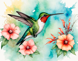 Hummingbird aquarel, with steampunk floral art - generated by ai