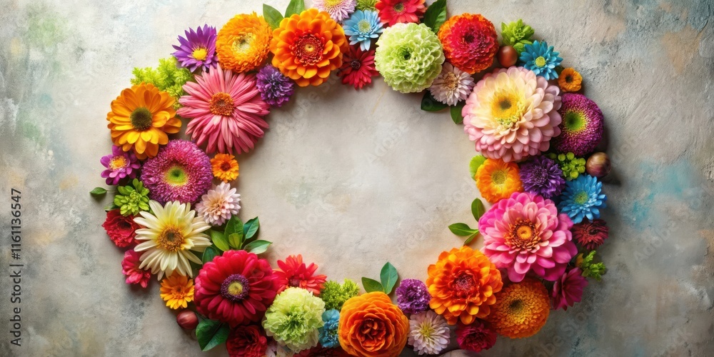 Poster a vibrant floral arrangement of various flowers in a circle around a blank space, showcasing a color