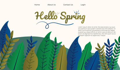 Hello Spring hand logotype, badge typography icon. Lettering spring season with leaf for greeting card, invitation template. Modern lettering banner poster template background, Sale, offer