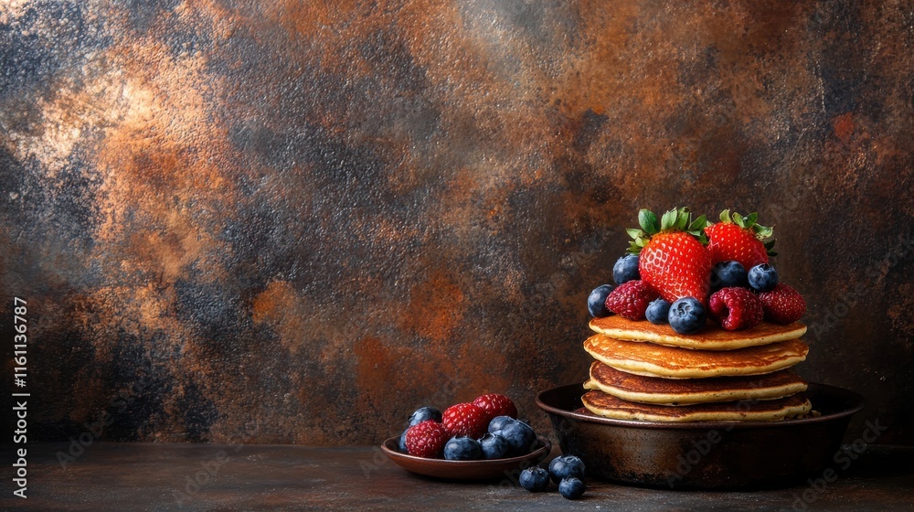 Poster delicious golden pancakes topped with fresh strawberries and blueberries on a rustic background. gen