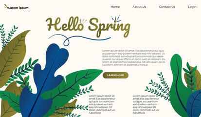 Hello Spring hand logotype, badge typography icon. Lettering spring season with leaf for greeting card, invitation template. Modern lettering banner poster template background, Sale, offer